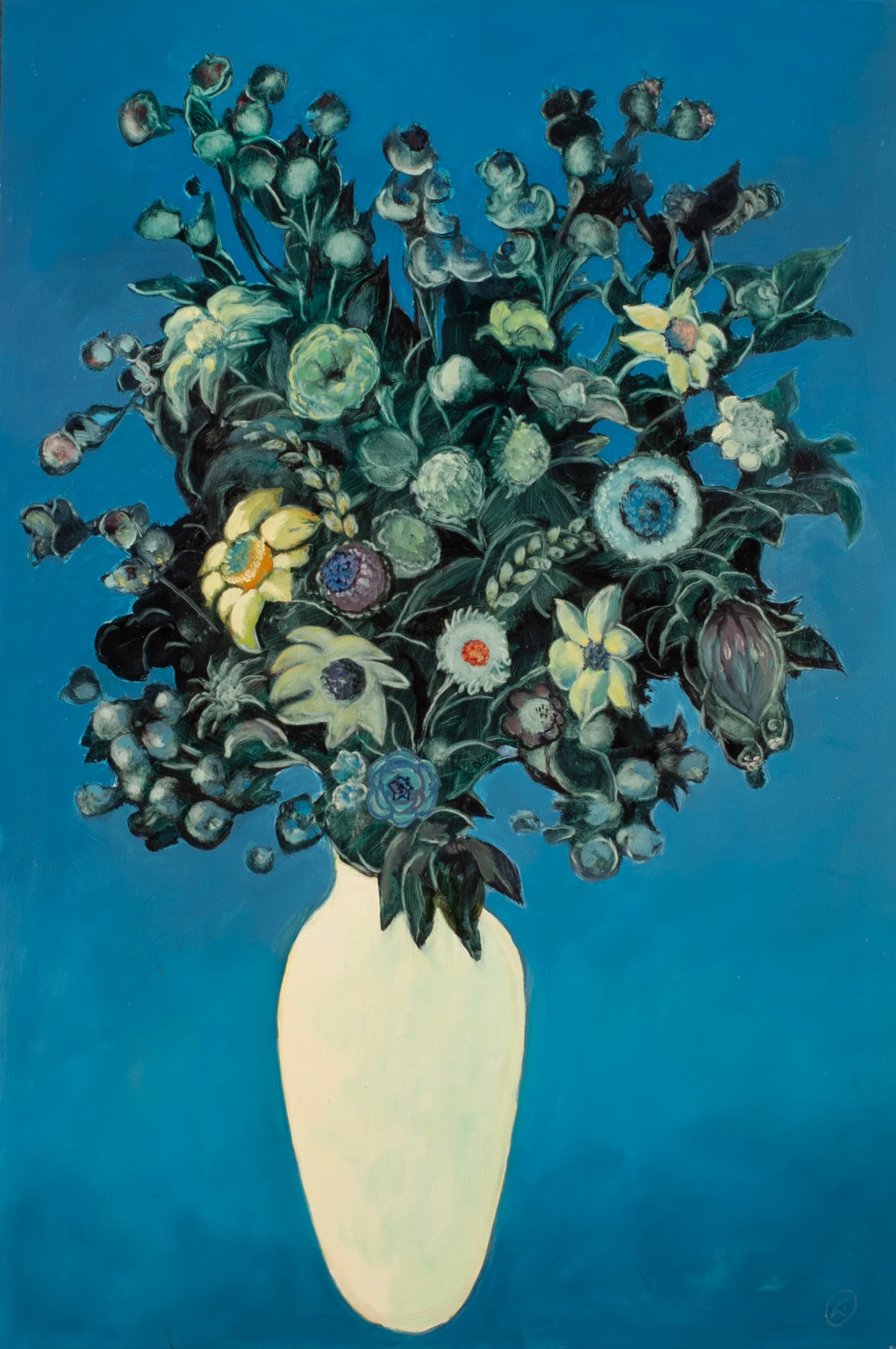 Art with the title "Beige Vase on Blue".