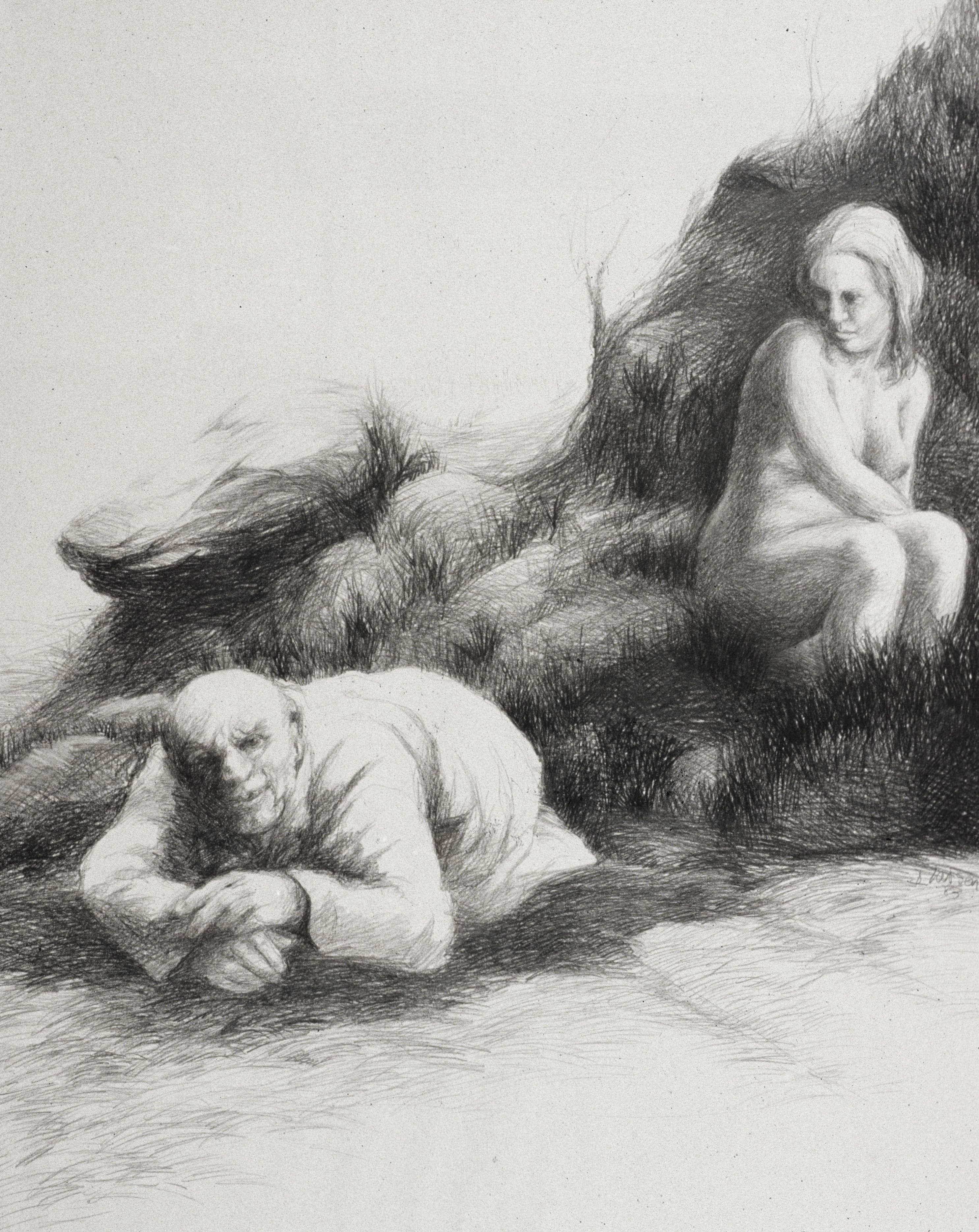 Art with the title "Man Groveling, Woman looks on".