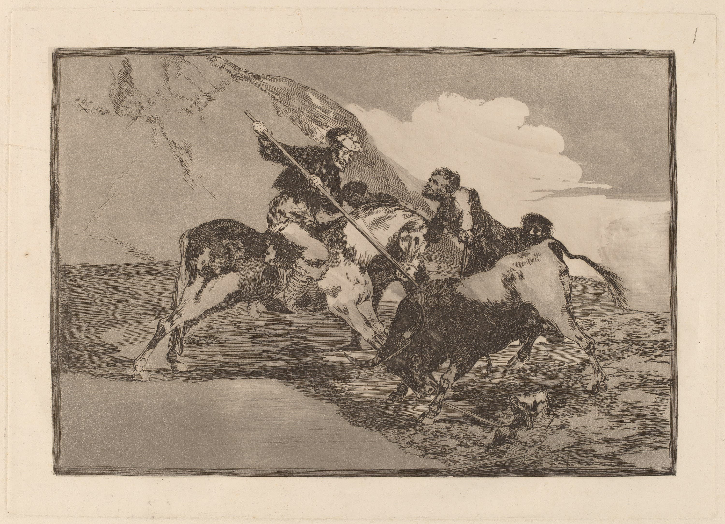 Goya's etching 'The Way in which the Ancient Spaniards Hunted Bulls on Horseback in the Open Country'