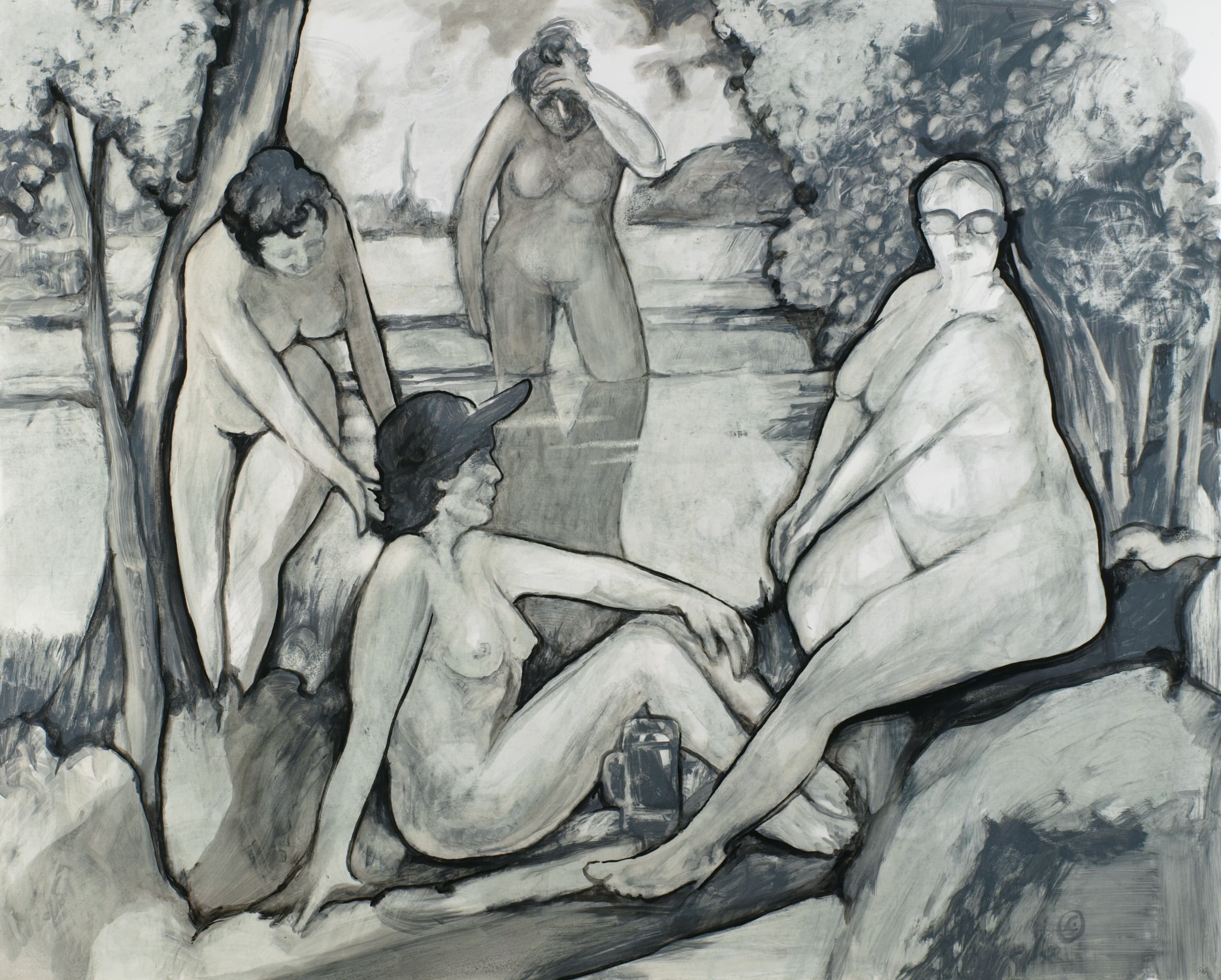 Art with the title "Four Bathers with Beer Mug".