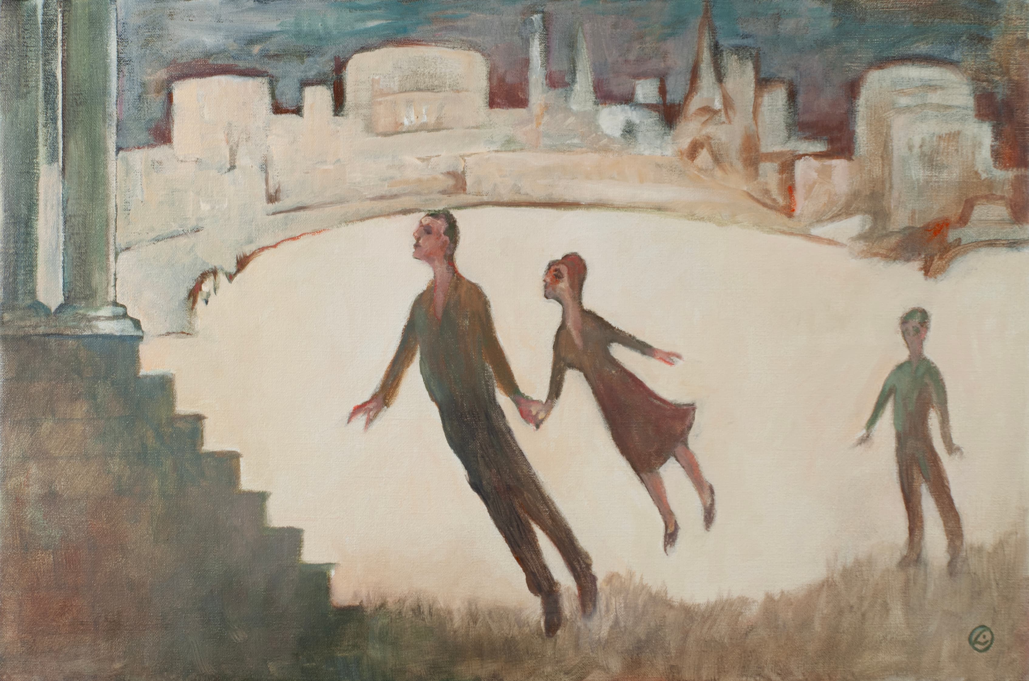 Art with the title "Three Figures, Two Floating".