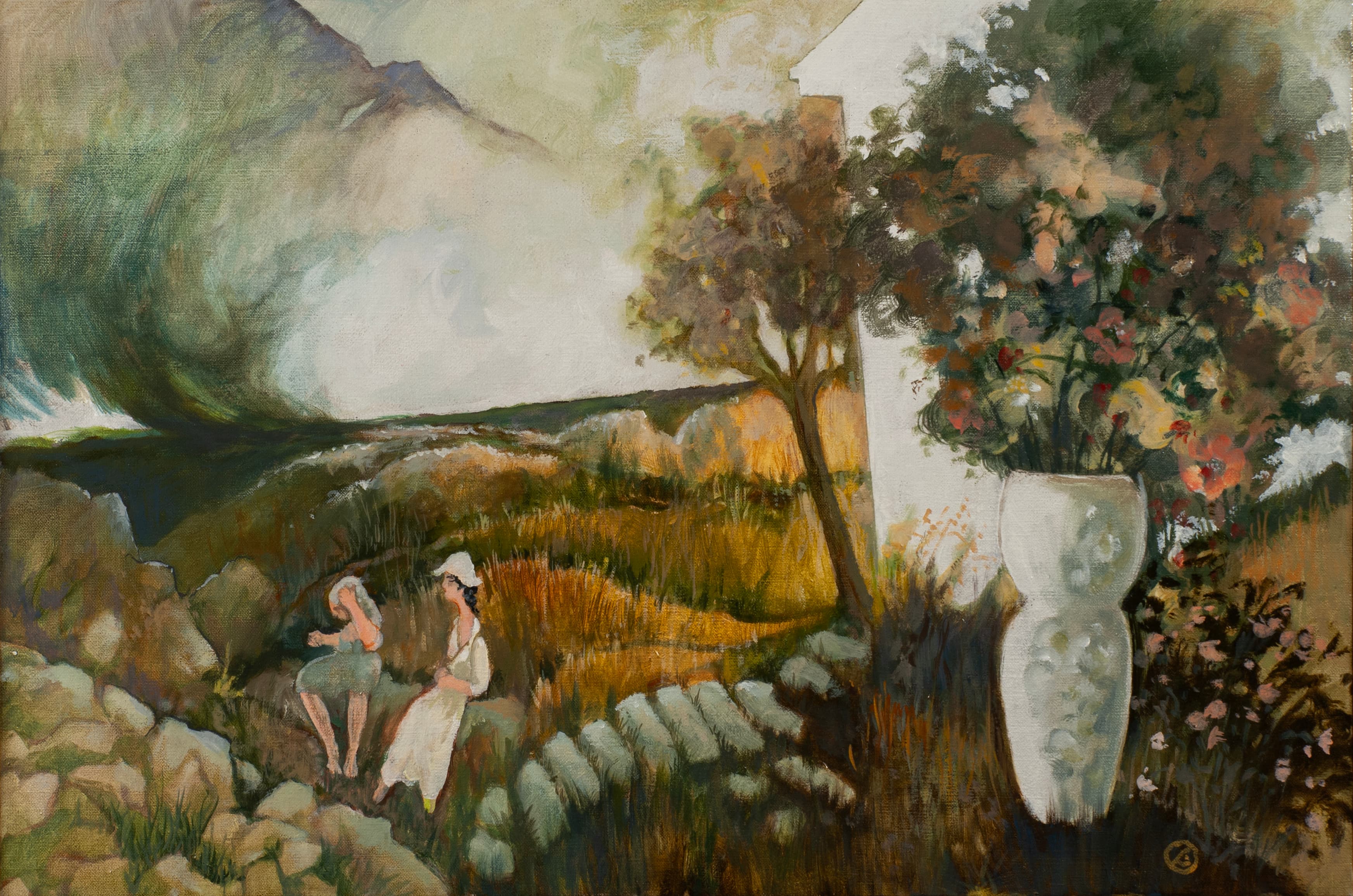 Art with the title "Landscape with Two Ladies and Vase".