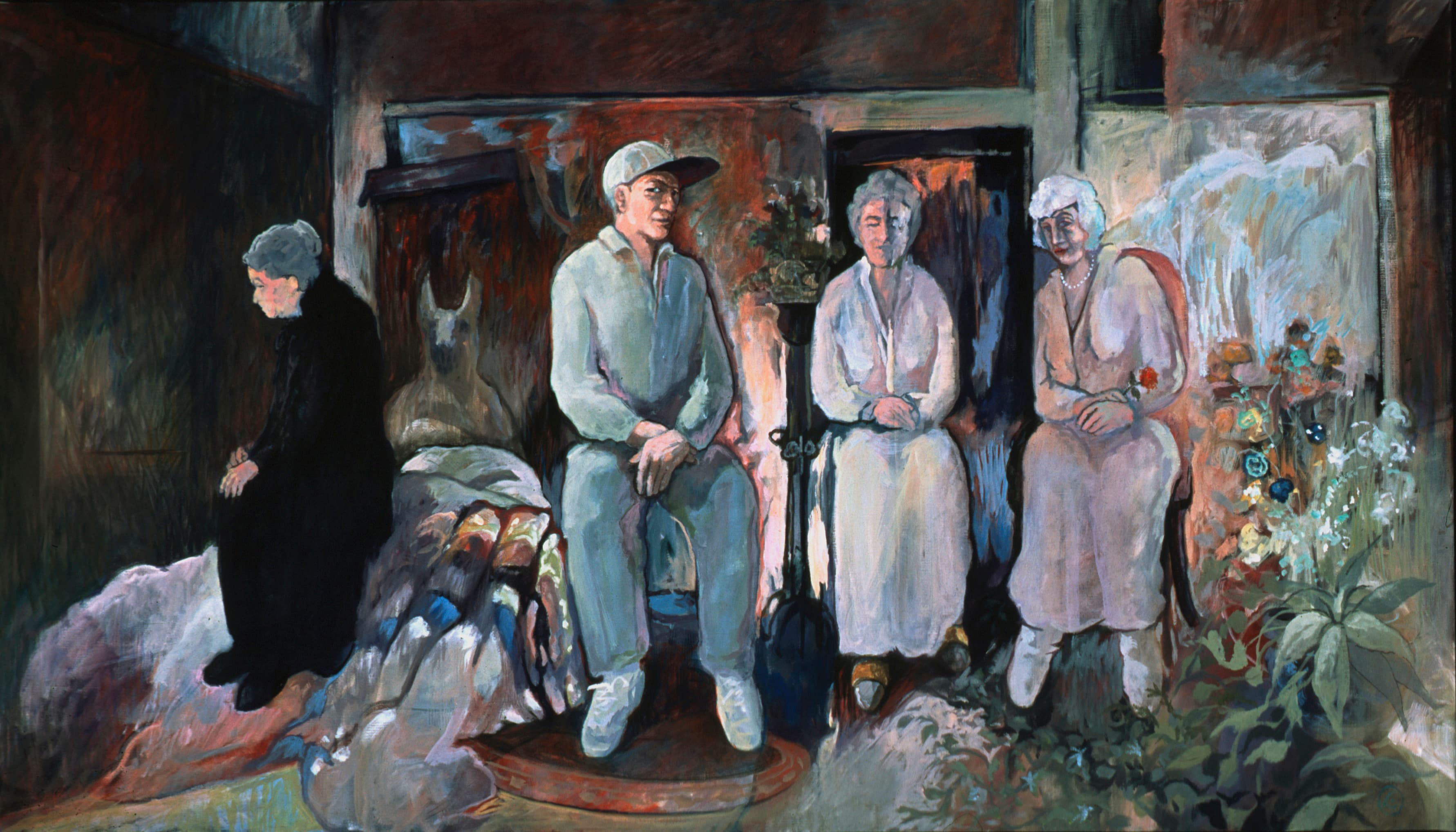 Art with the title "Four Figures, One in Baseball Cap".