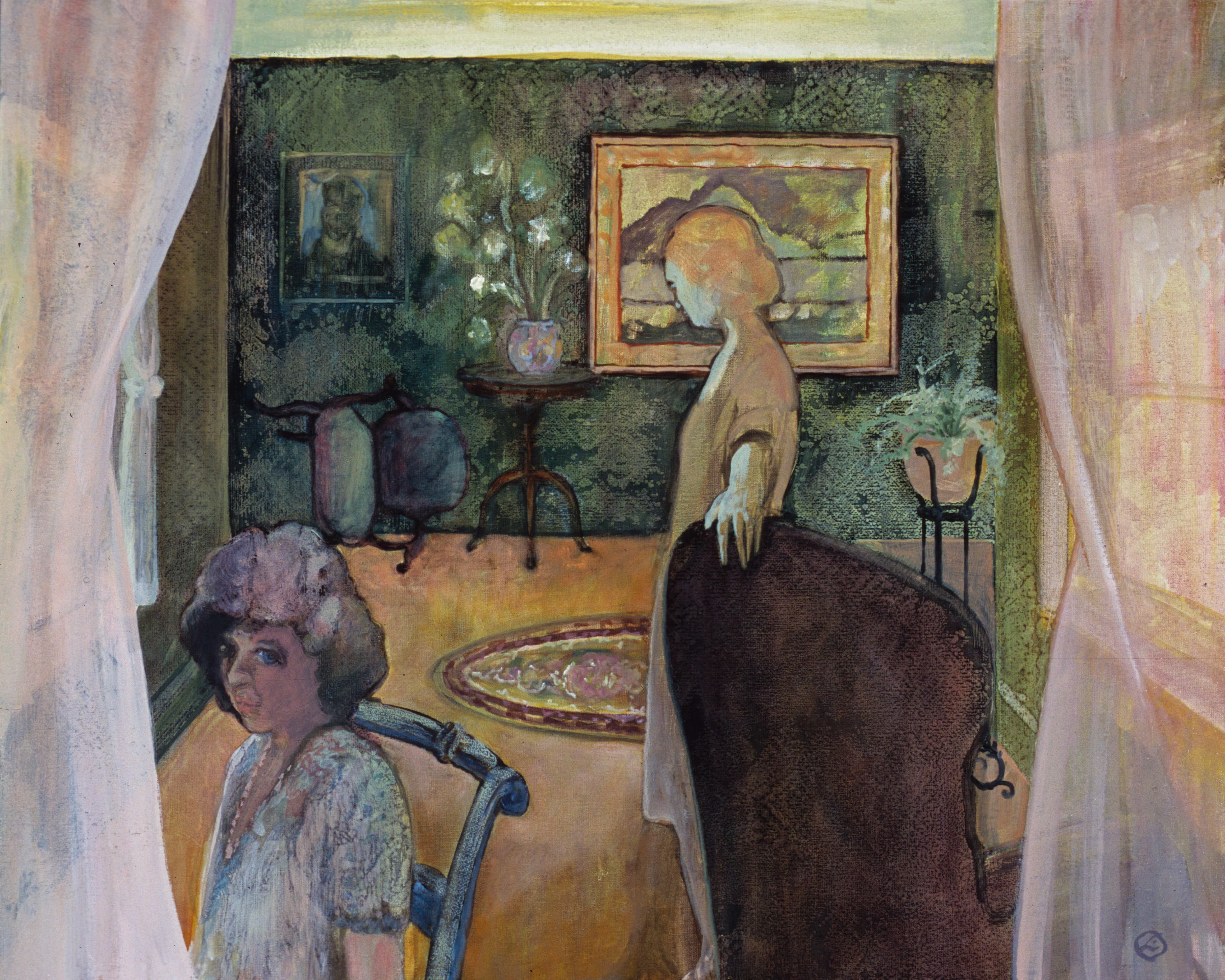 Art with the title "Woman and Child Through a Window".