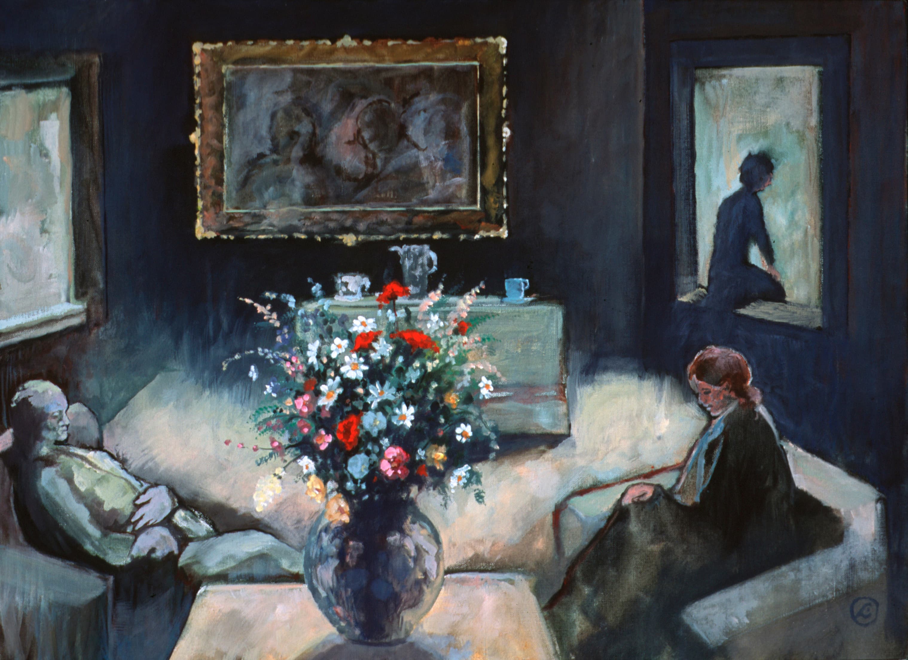 Art with the title "Interior, Three People, Flowers".