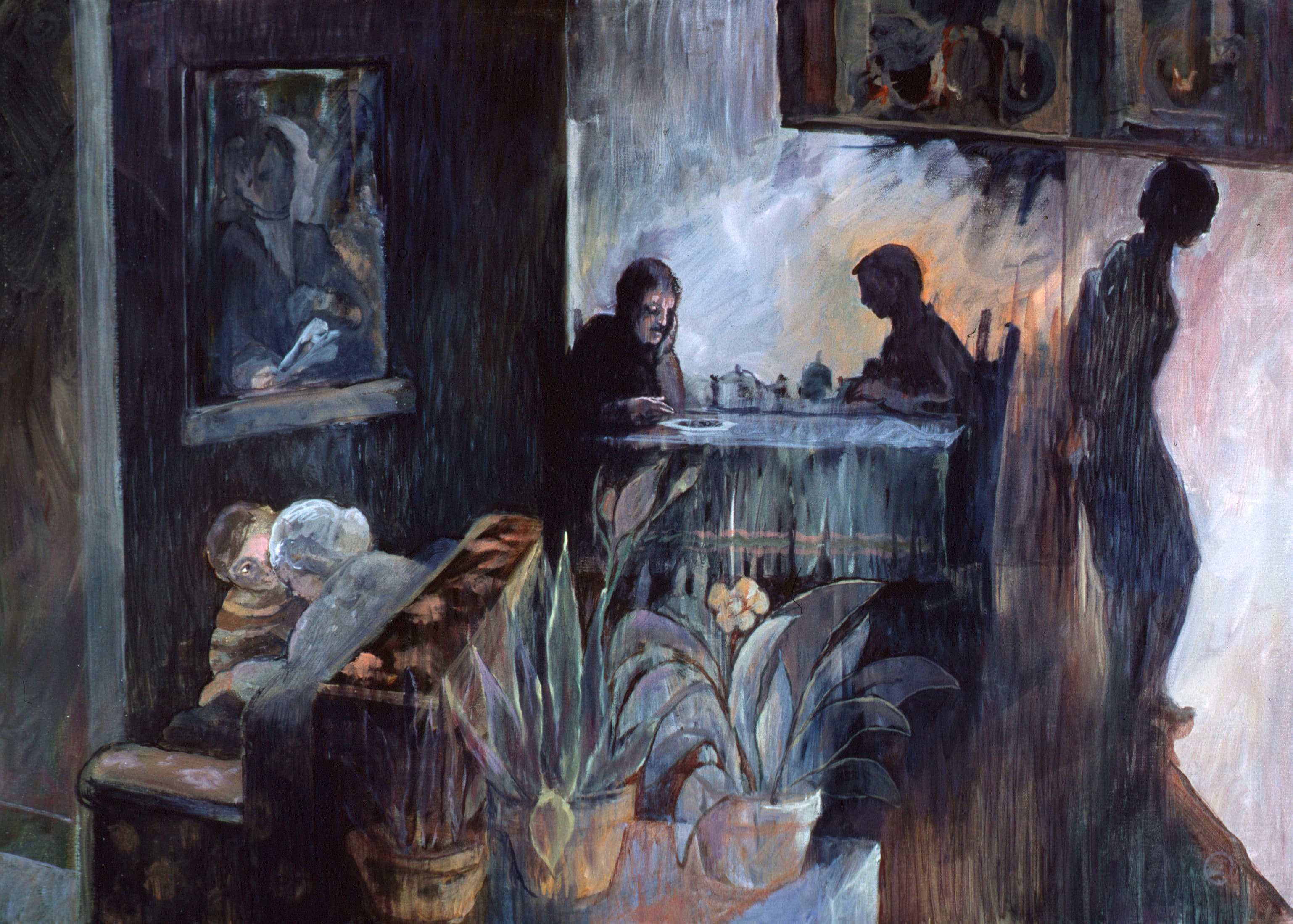 Art with the title "Old Woman and Child Lower Left".