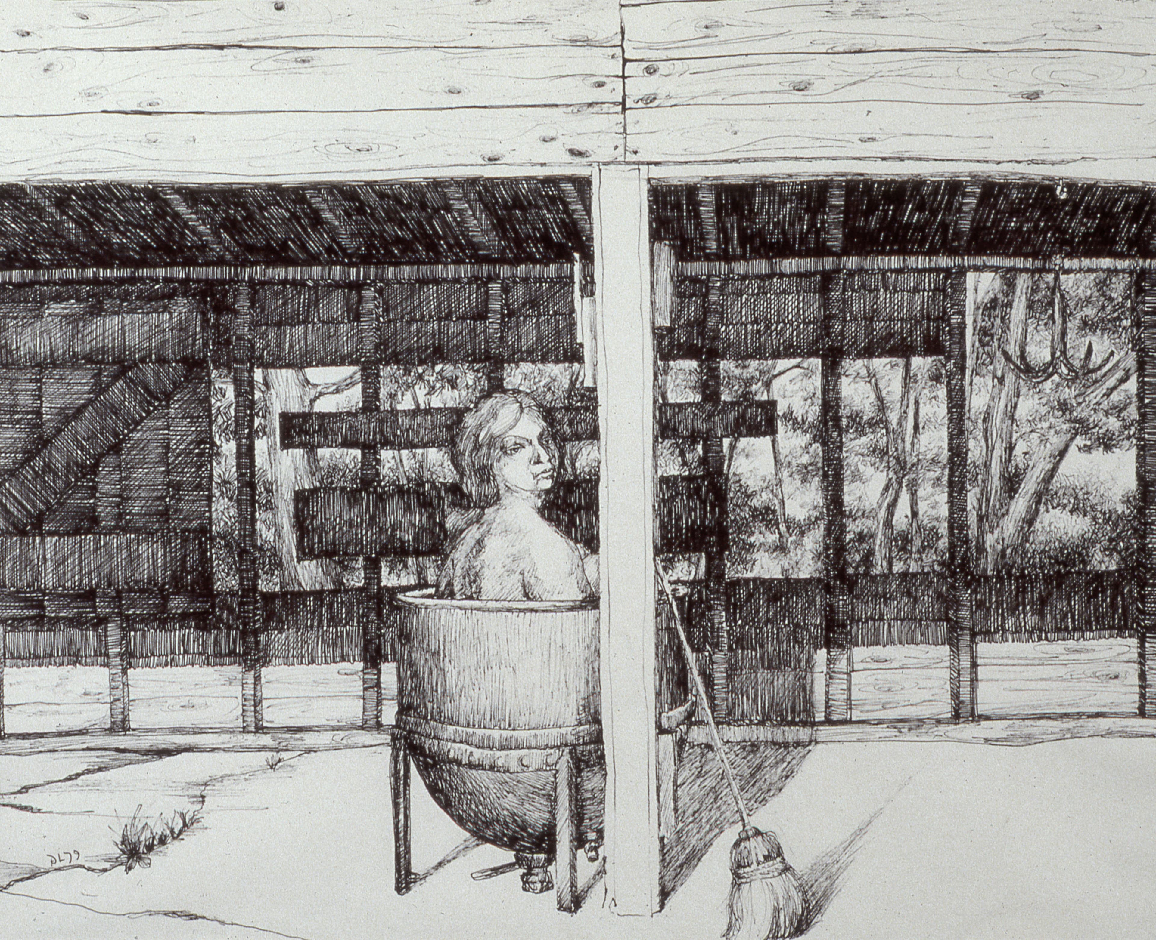 Art with the title "Woman in Barrel on Deck".