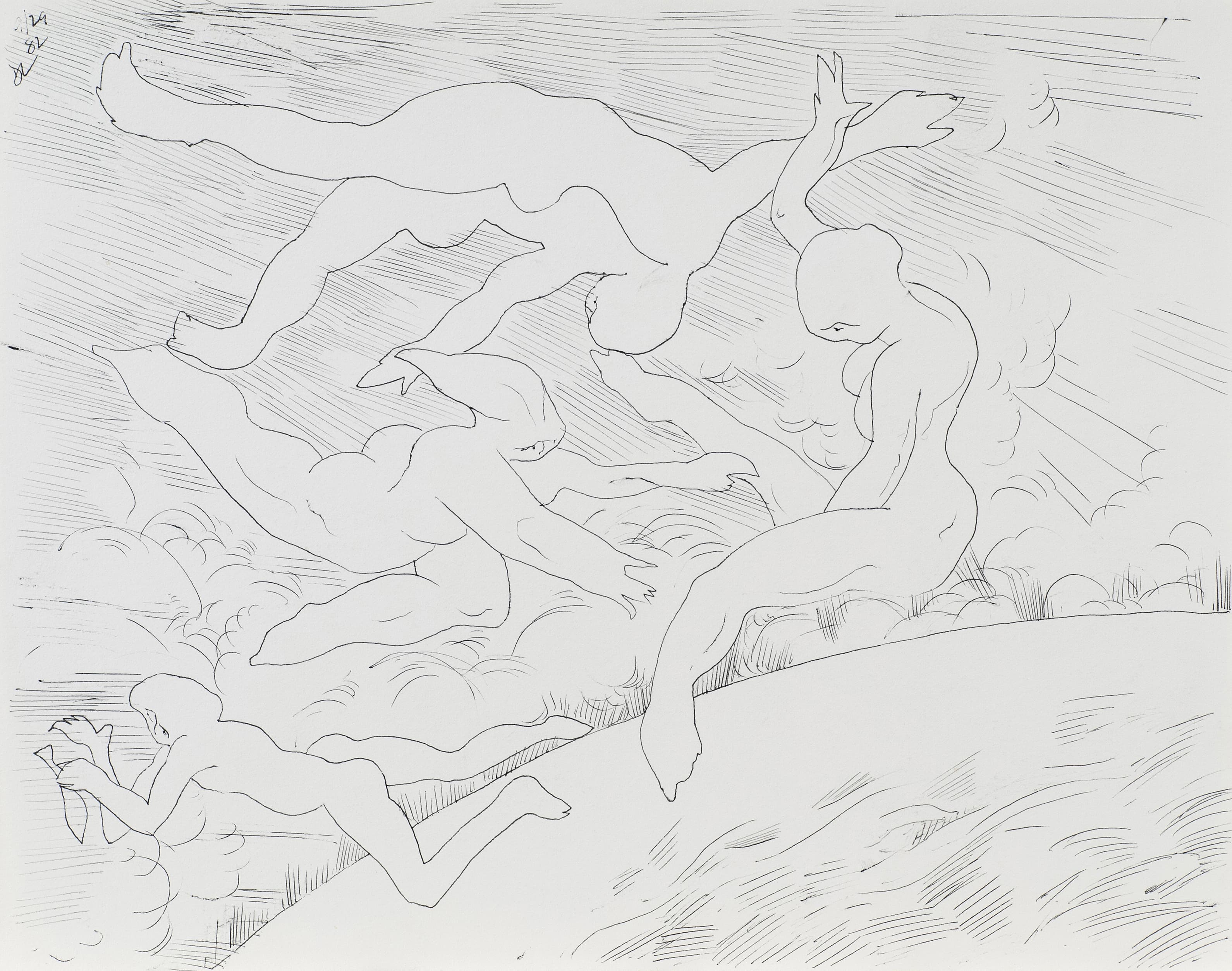 Art with the title "Figures Floating, One with Fish".