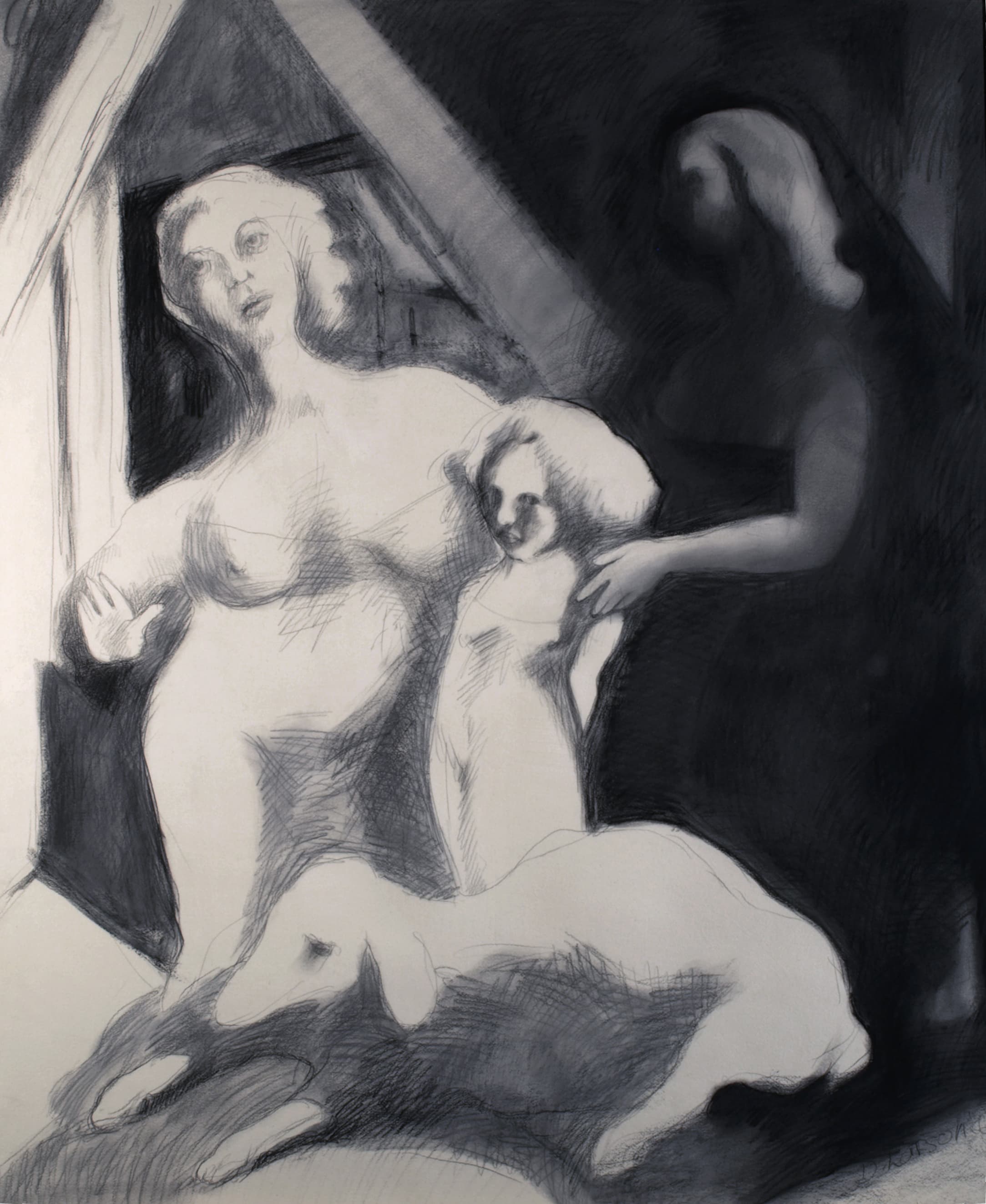 Art with the title "Two Women, Girl and Dog".