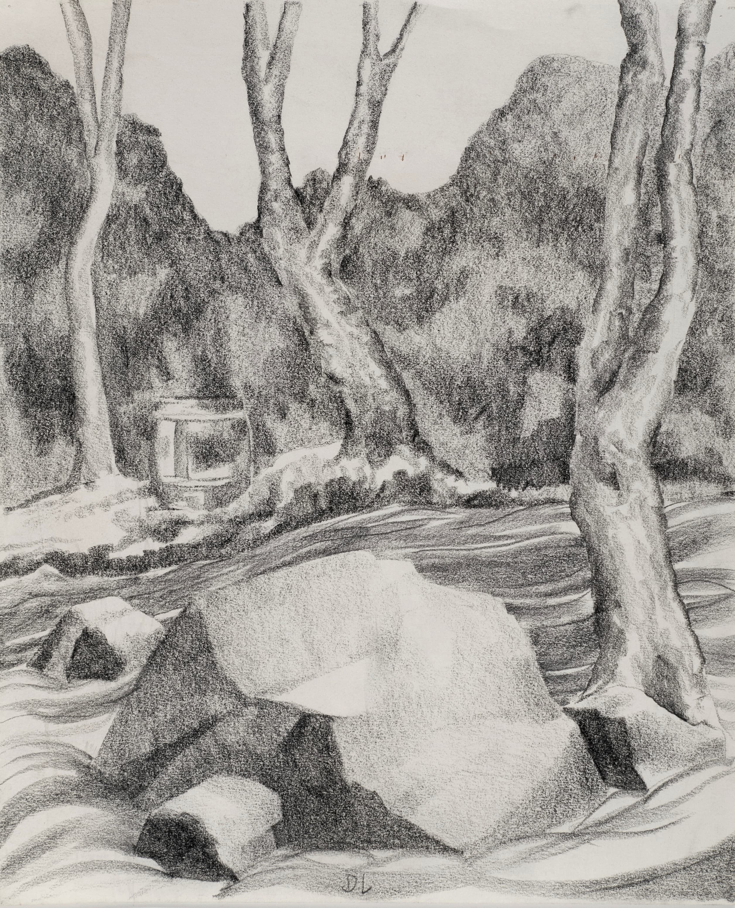 Art with the title "Rocks and Tree in Stream".