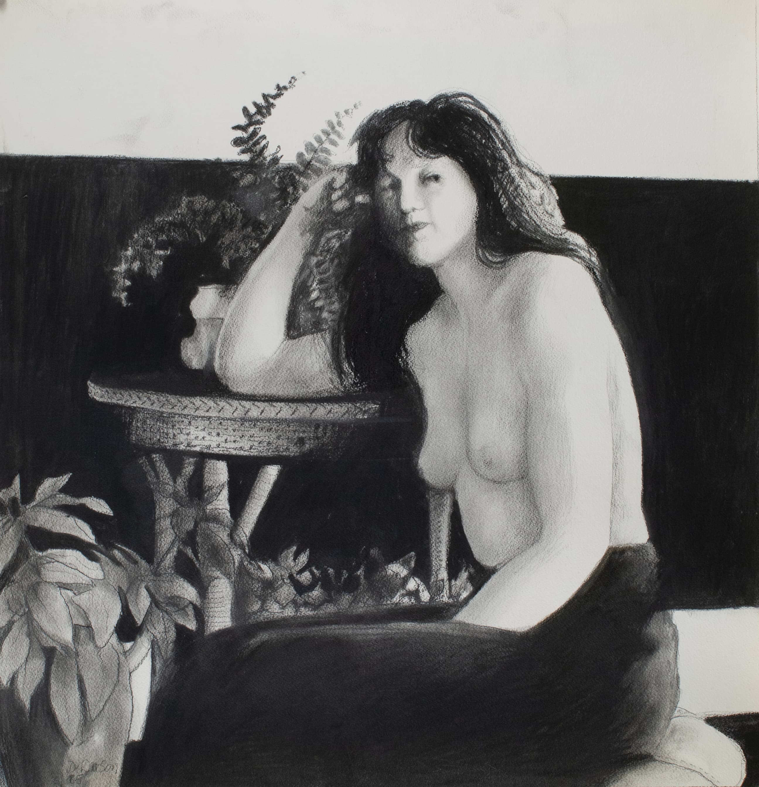 Art with the title "Woman at Wicker Table".