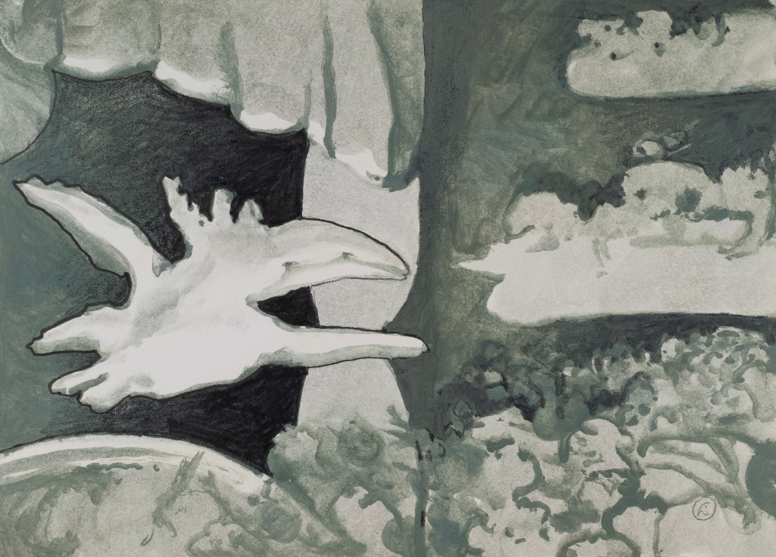 Art with the title "Figure Flying in Concert Hall".