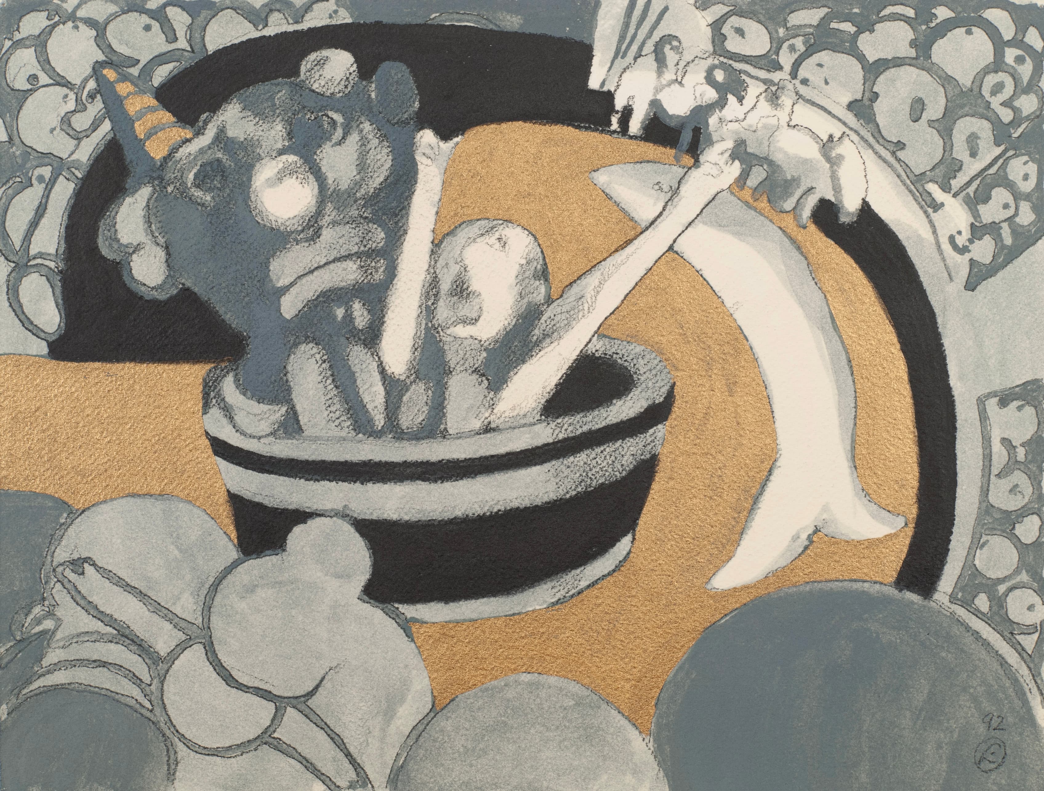 Art with the title "Study 3 for Boy and Clown in Barrel".