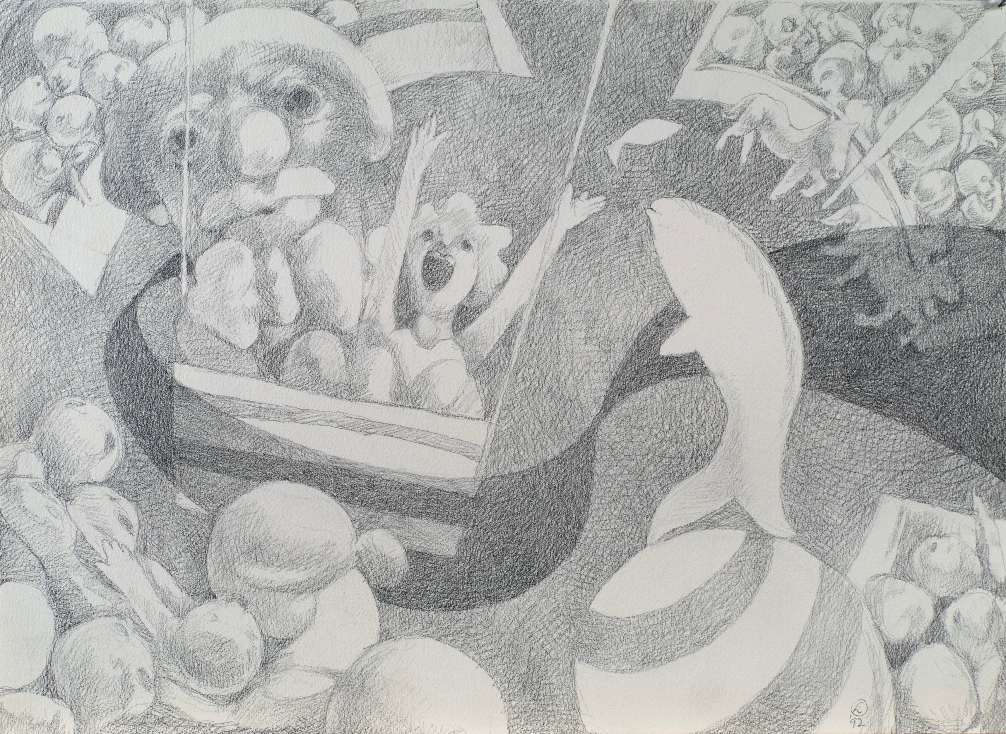 Art with the title "Study 1 for Boy and Clown in Barrel".