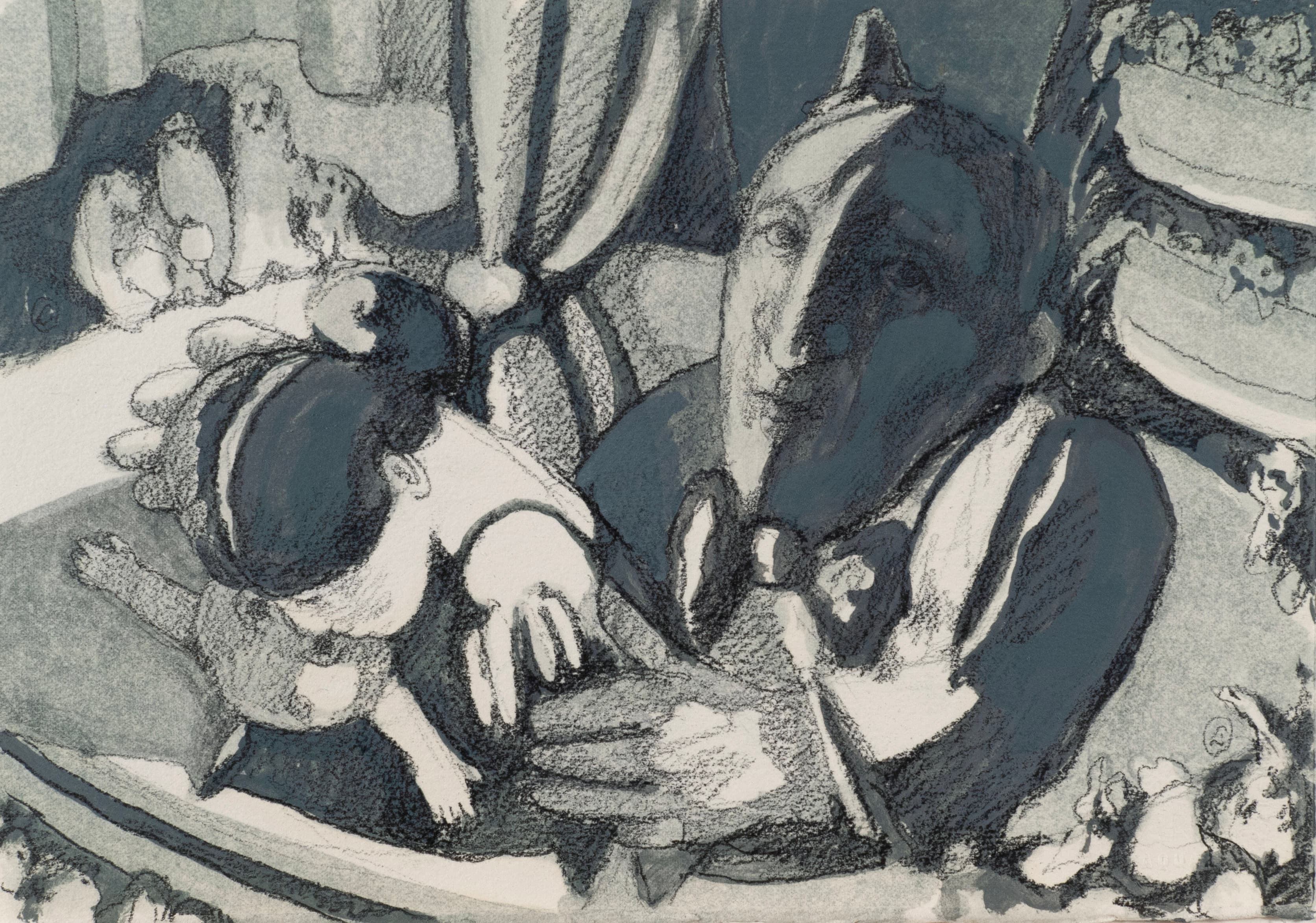 Art with the title "Couple Holding Child on Stage".