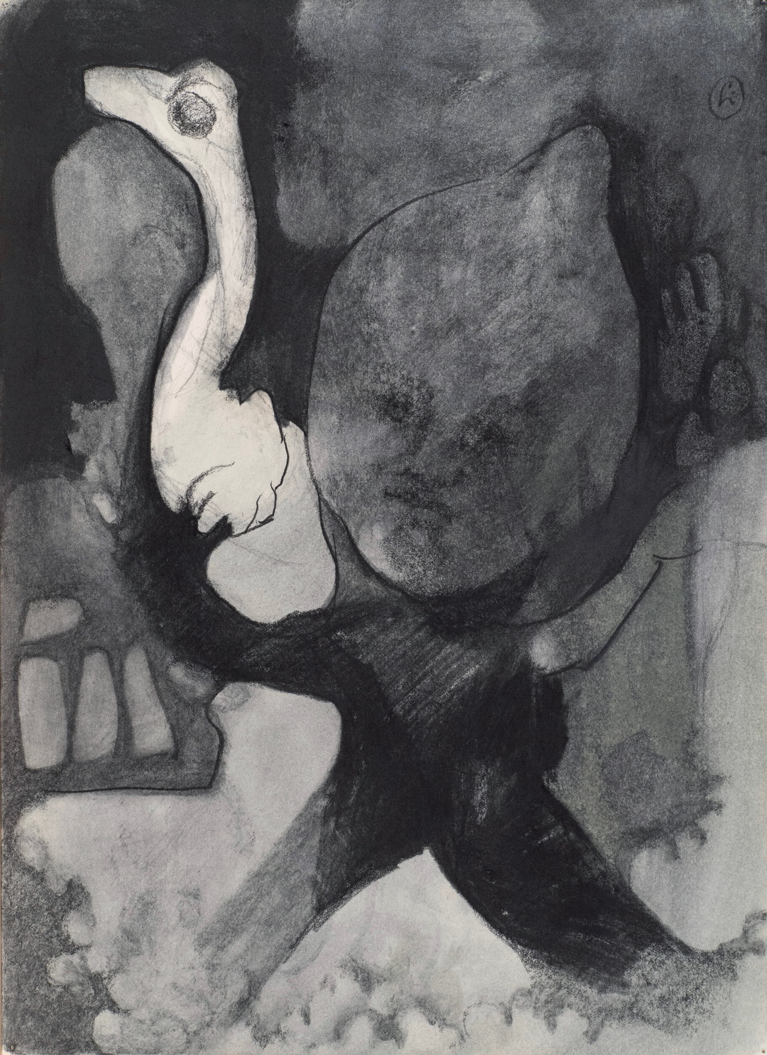 Art with the title "Striding Figure Holding Bird".