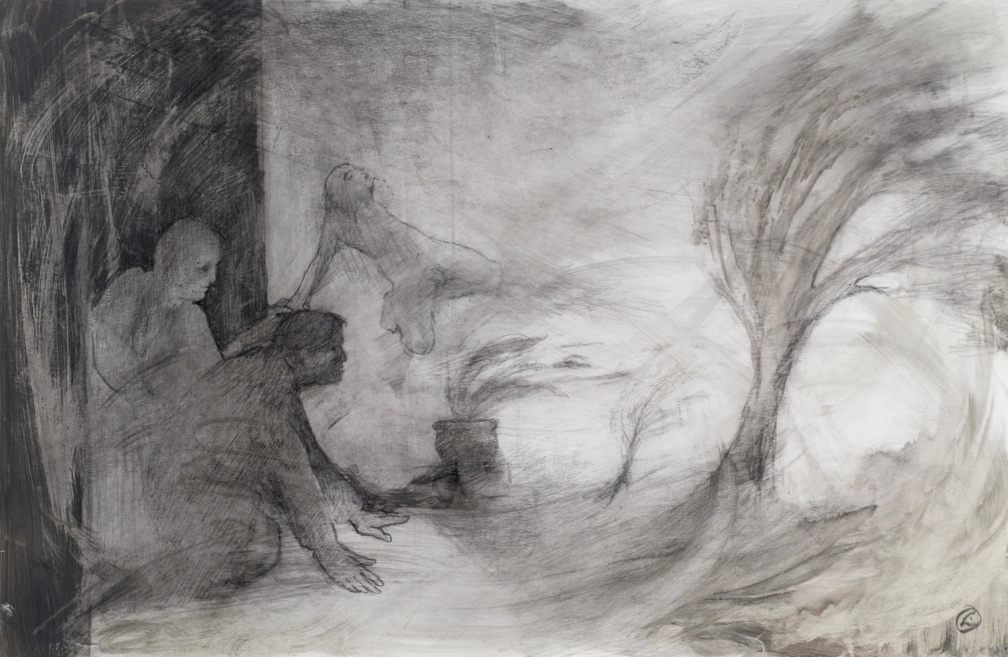 Art with the title "Family Group with Tree Blowing in the Wind".