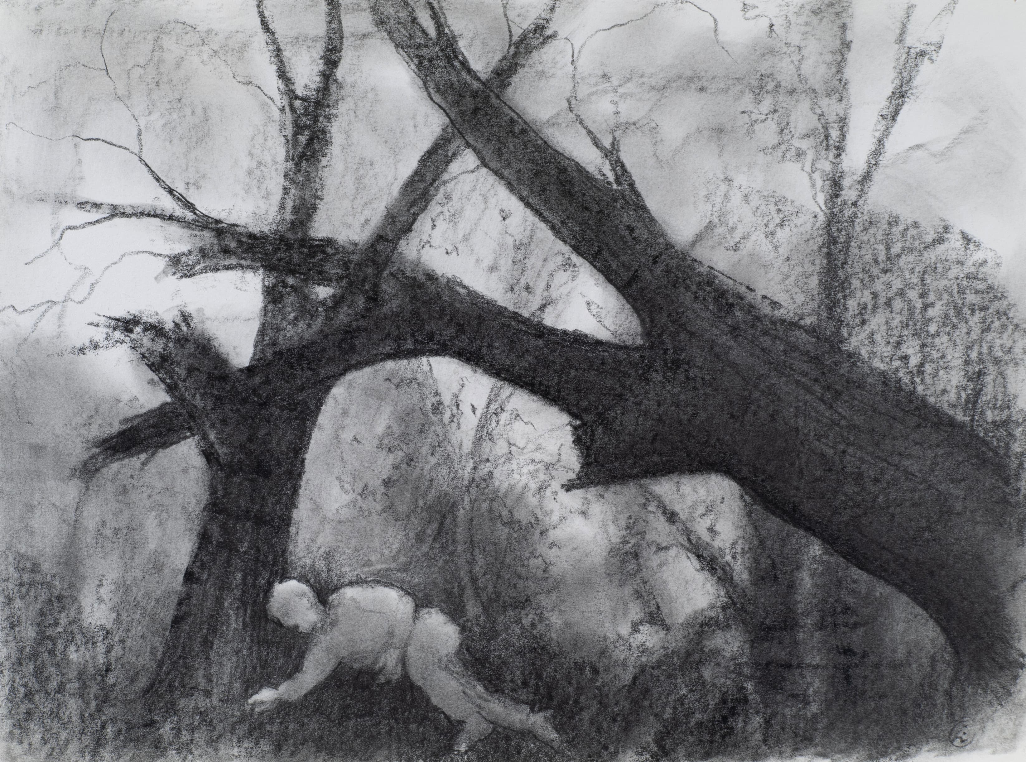 Art with the title "Man Under Fallen Tree".