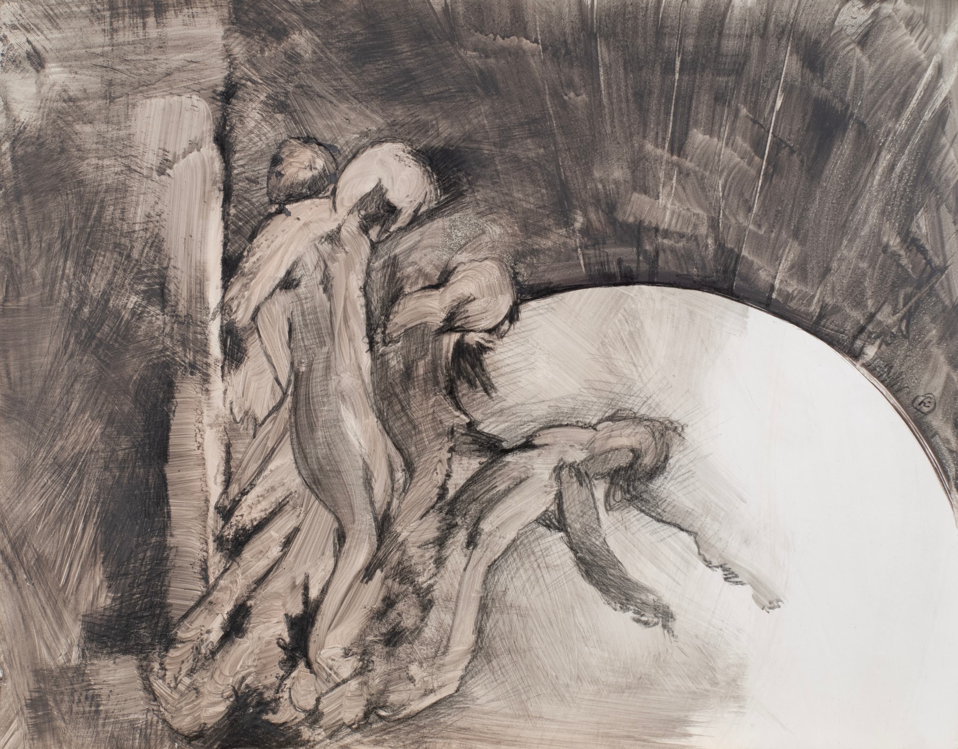 Art with the title "Figures Falling into a Hole".