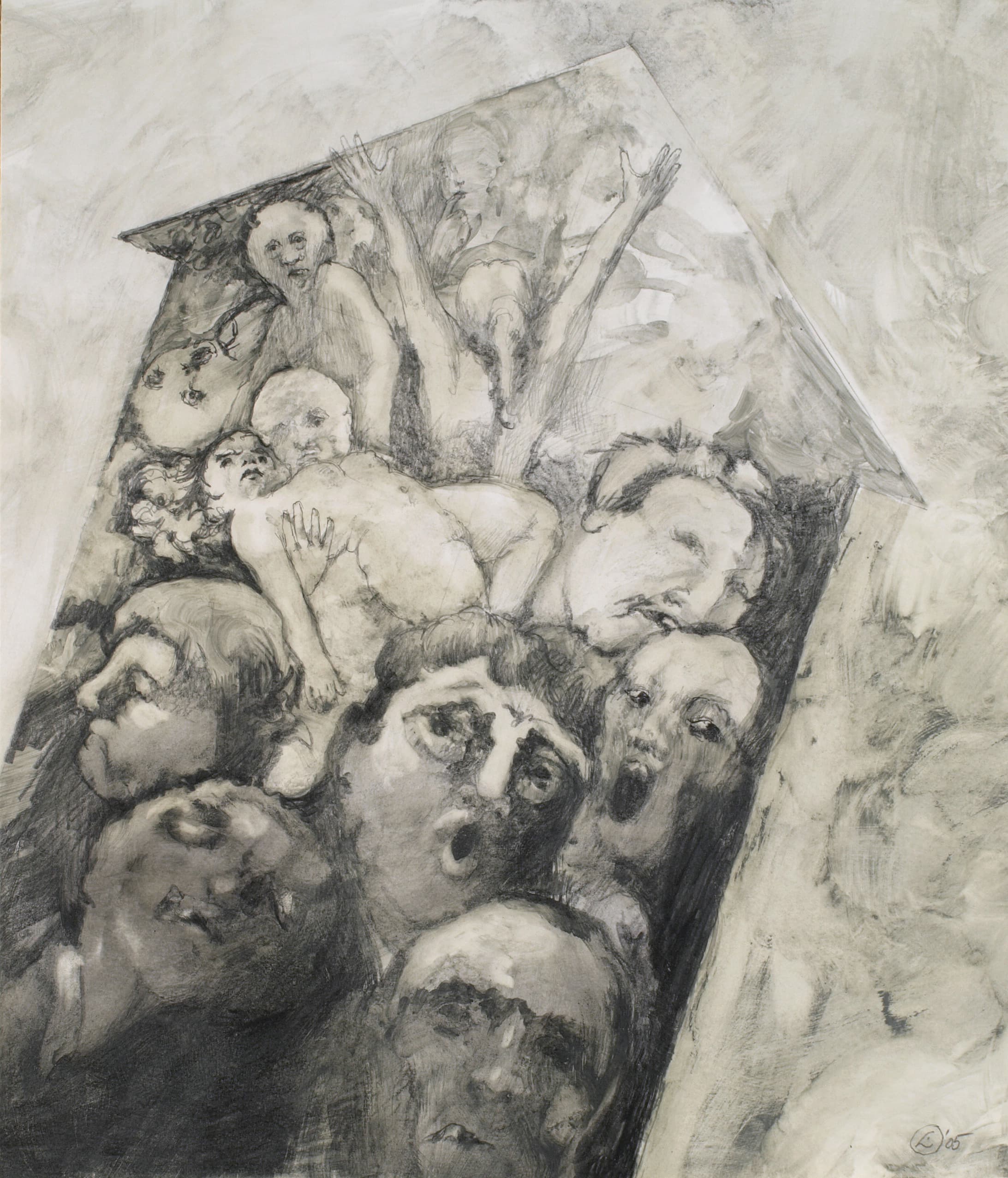 Art with the title "Leaning House with Figures".