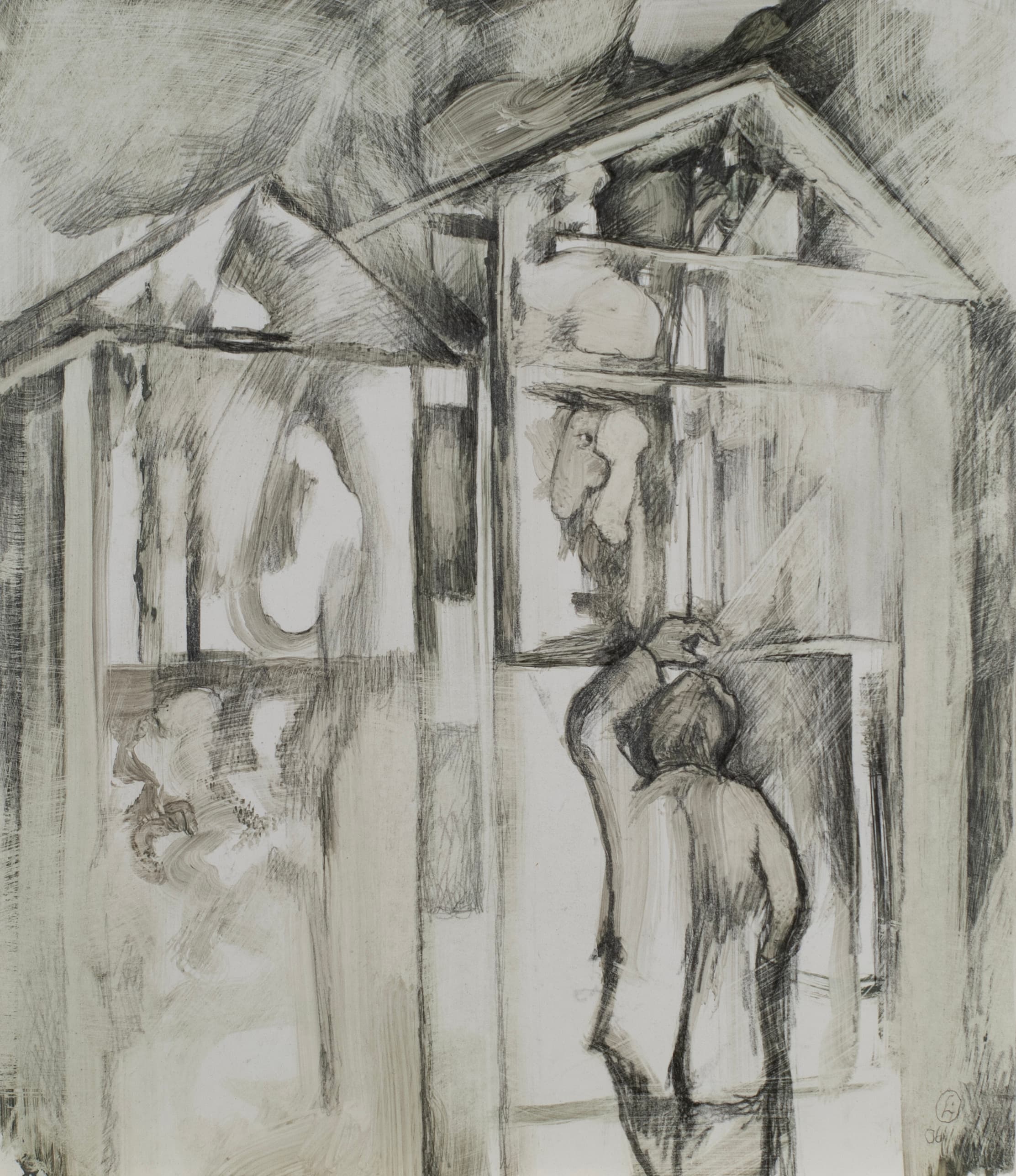 Art with the title "Study for Two Houses, Man Waiving".