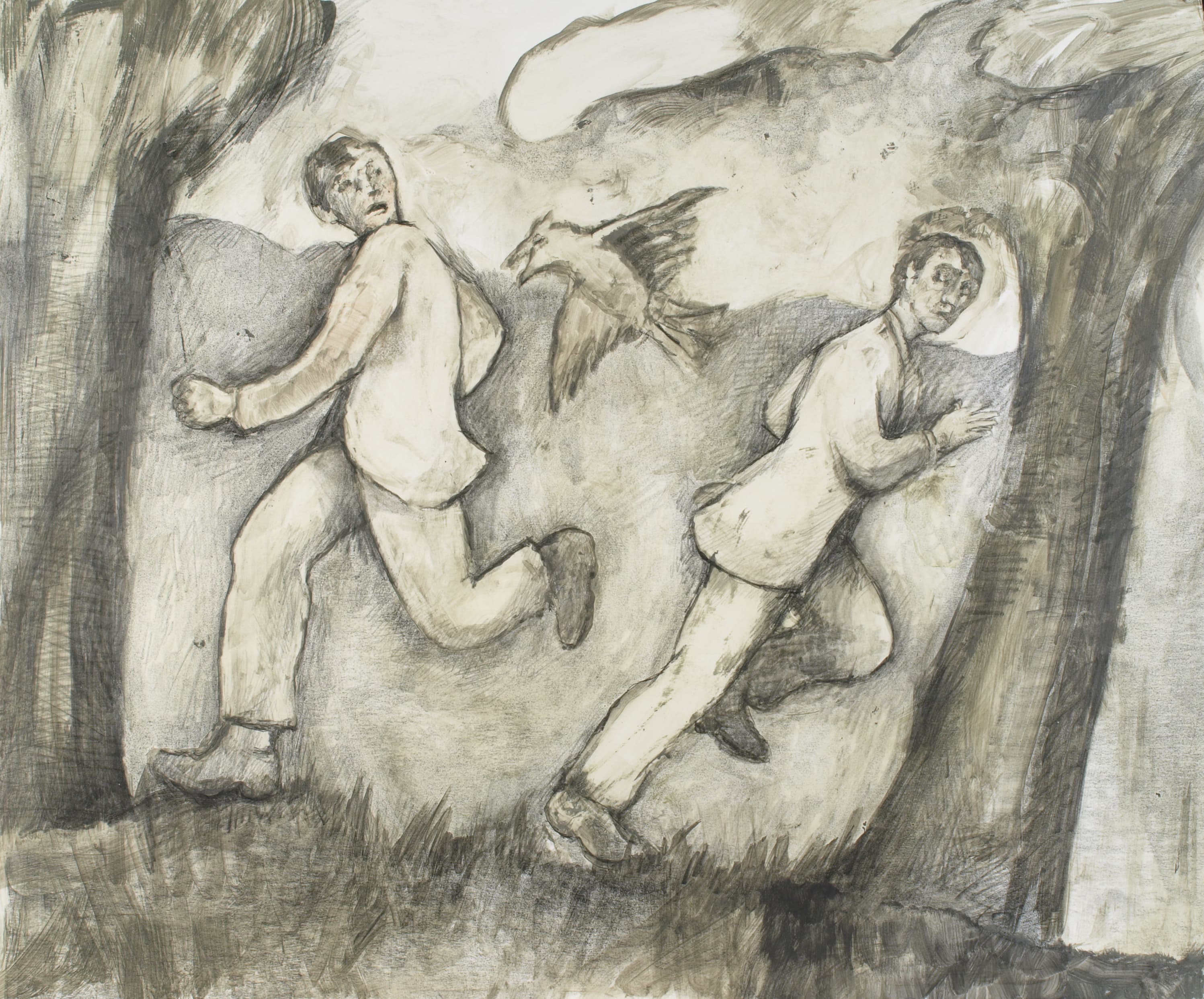 Art with the title "Study for Two Men Chased by Bird".