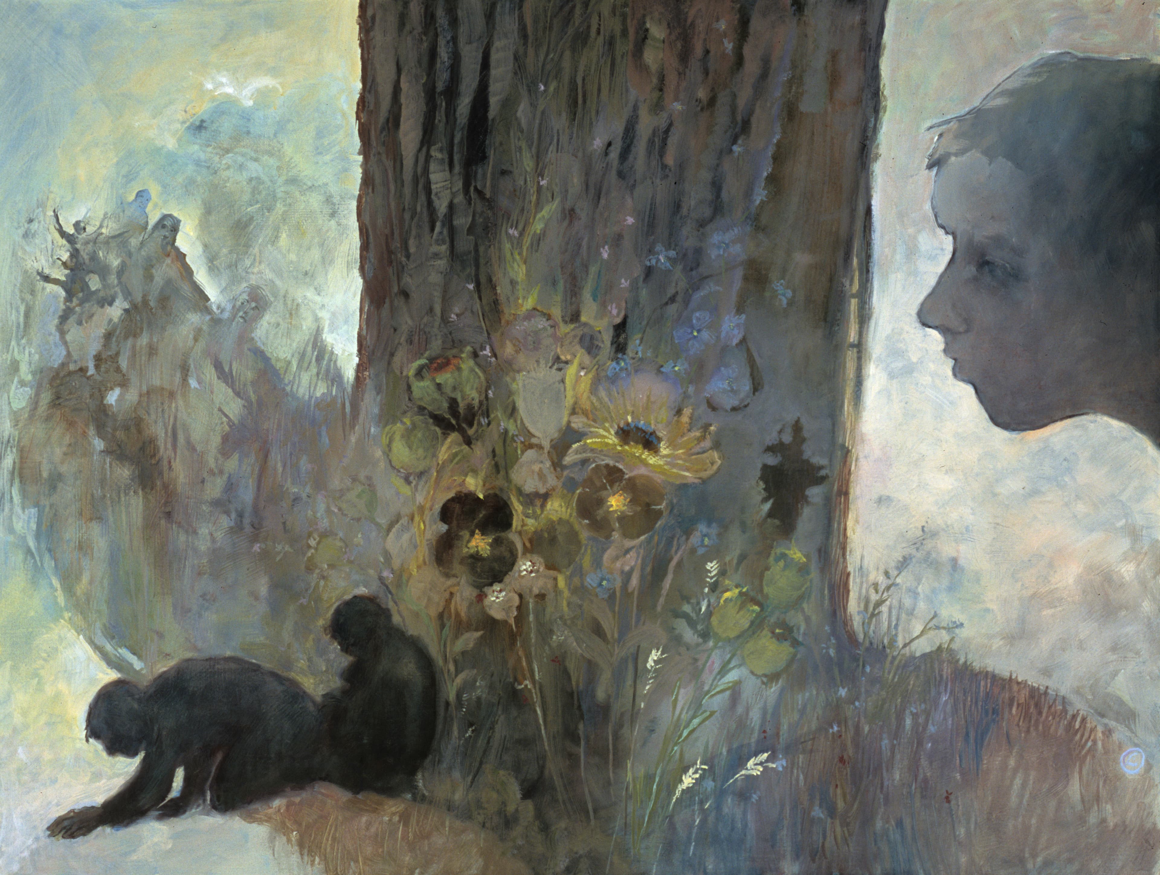 Art with the title "Young Boy with Figures Crawling".