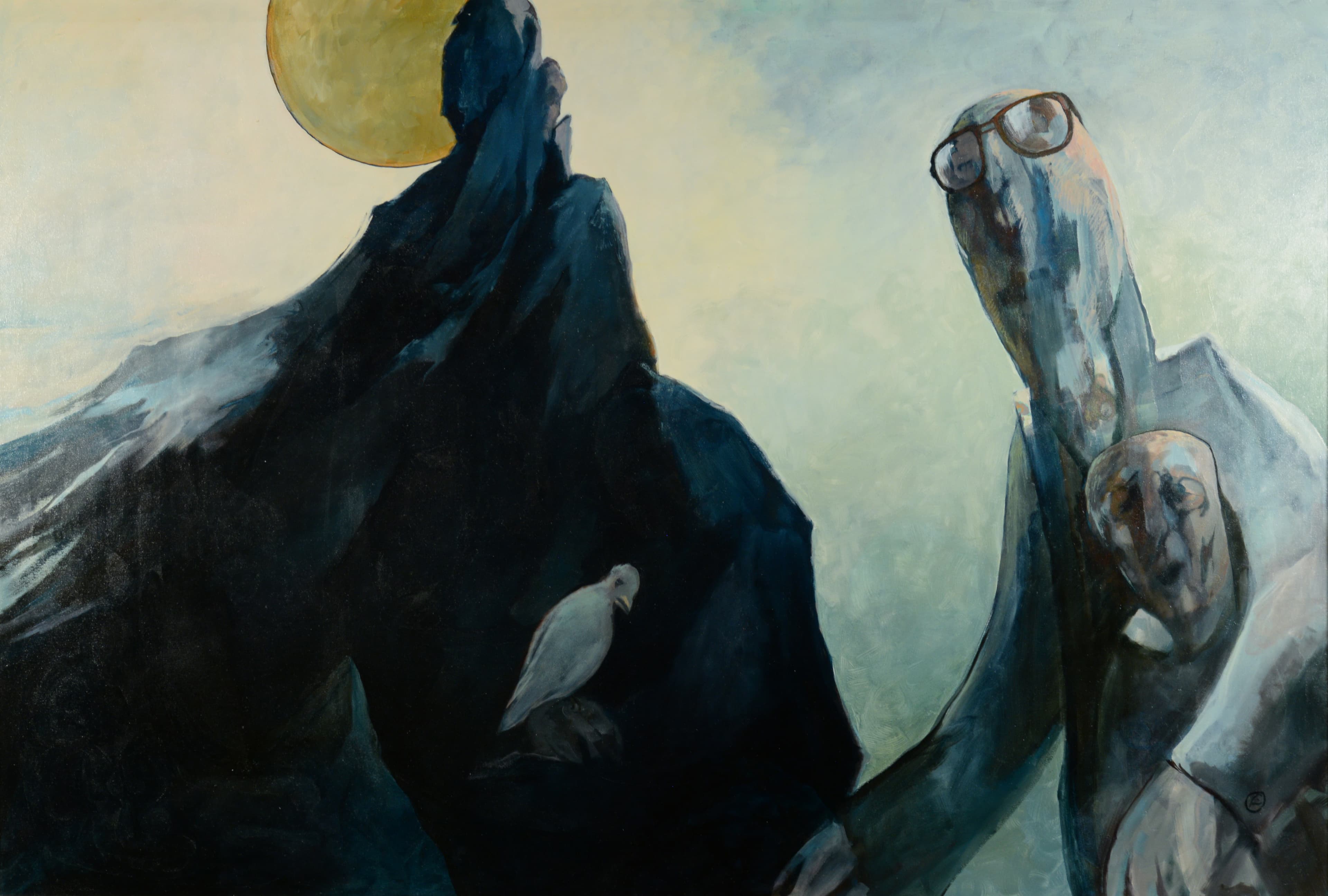 Art with the title "Two Figures Right, Bird on Rock".